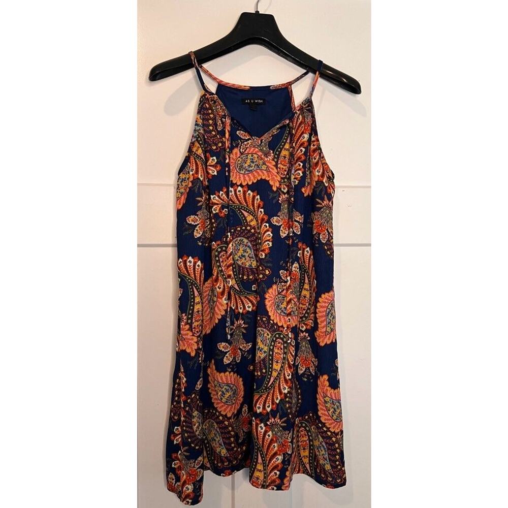 As U Wish Women Shift Dress Multicolor Paisley Lined Sleeveless Tassel Tie SMALL